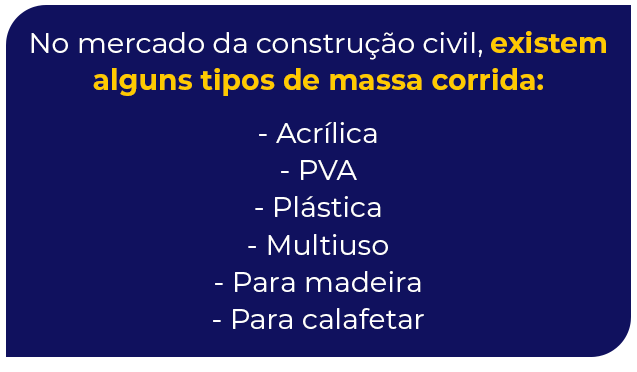 Existem diversos tipos de massa corrida no mercado da construção civil, como a acrílica, PVA e multiuso